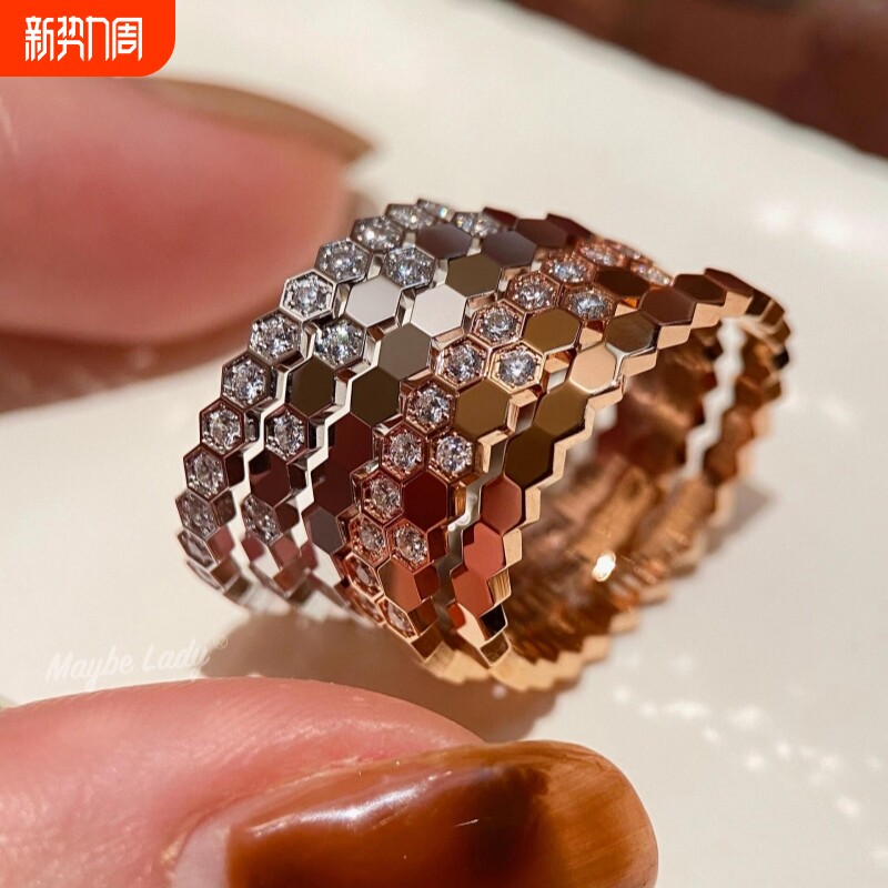 轻奢蜂巢戒指女满钻V金版镀18k玫瑰金蜂窝叠戴半排钻高级感食指环