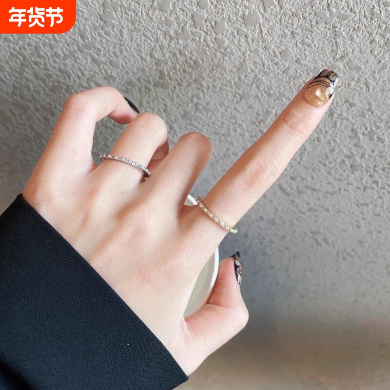 金色简约素圈镶钻珍珠戒指小众设计轻奢高级感百搭开口指环食指戒