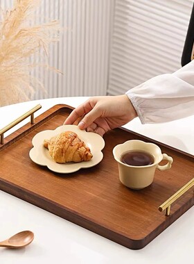 茶具竹制托盘实木现代中式小茶盘木质家用长方形带把手木制双耳