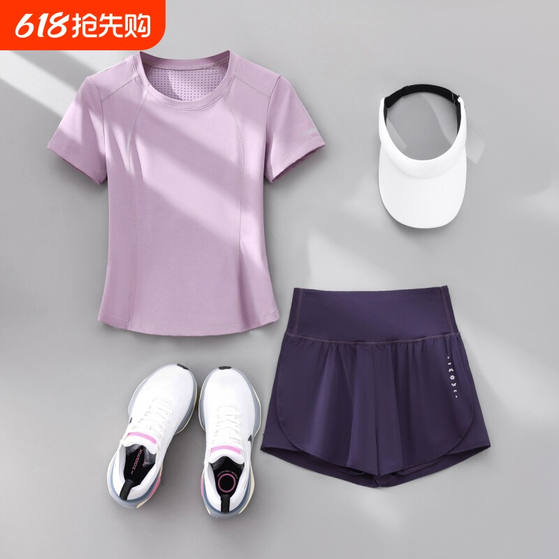 大码跑步套装女晨跑服夏季速干衣短袖瑜伽服健身房透气显瘦暴汗服