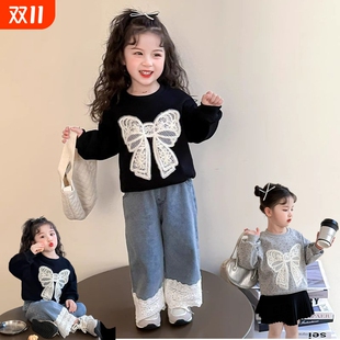 蝴蝶结上黑色灰色 时髦宝宝春装 女童卫衣早秋2025新款 洋气儿童春季