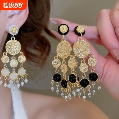 金色亚克力圆形珍珠流苏耳环法式宫廷风耳坠耳钉小众感耳饰女