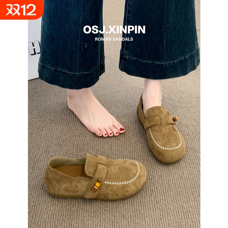 勃肯鞋女2025新款爆款秋季女鞋单鞋软底豆豆鞋子平底咖色防滑驼色