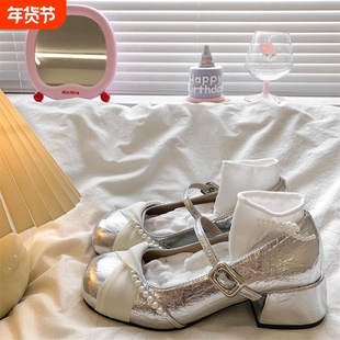 品牌玛丽珍鞋伴娘鞋日常单鞋粗跟高跟鞋女银色白色红色优雅圆头