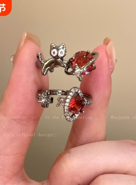 童趣可爱~暗黑风喵咪锆石戒指女2025新款复古开口食指戒个性指环