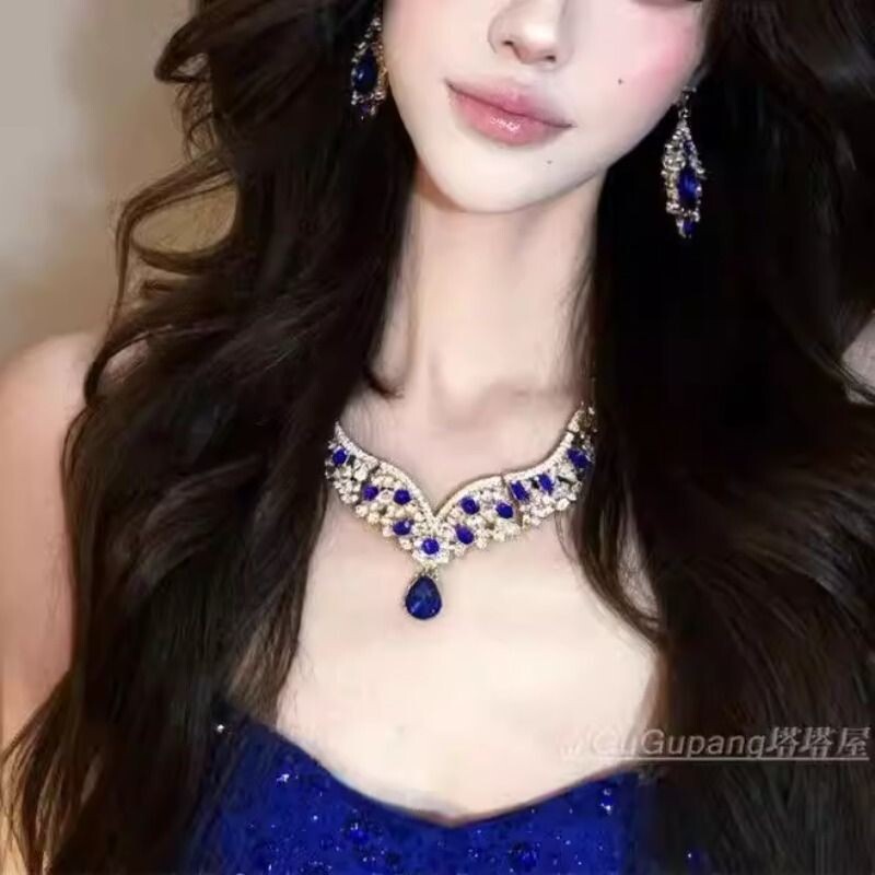 纯欲奢华蓝色满钻项链耳环套装贵气高级感颈链宴会新娘礼服锁骨链