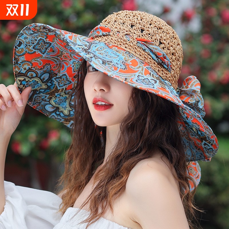 夏天大檐波西米亚草编帽子女海边沙滩遮阳防晒防紫外线太阳帽草帽