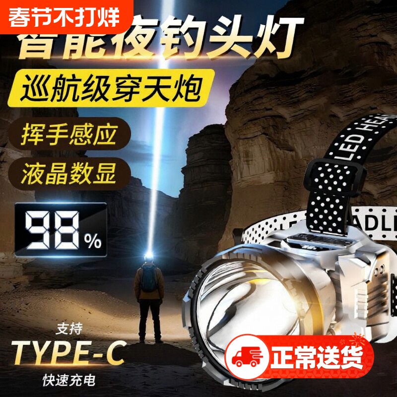 头灯头戴式强光充电超亮钓鱼专用超长续航锂电手电筒矿灯感应夜钓