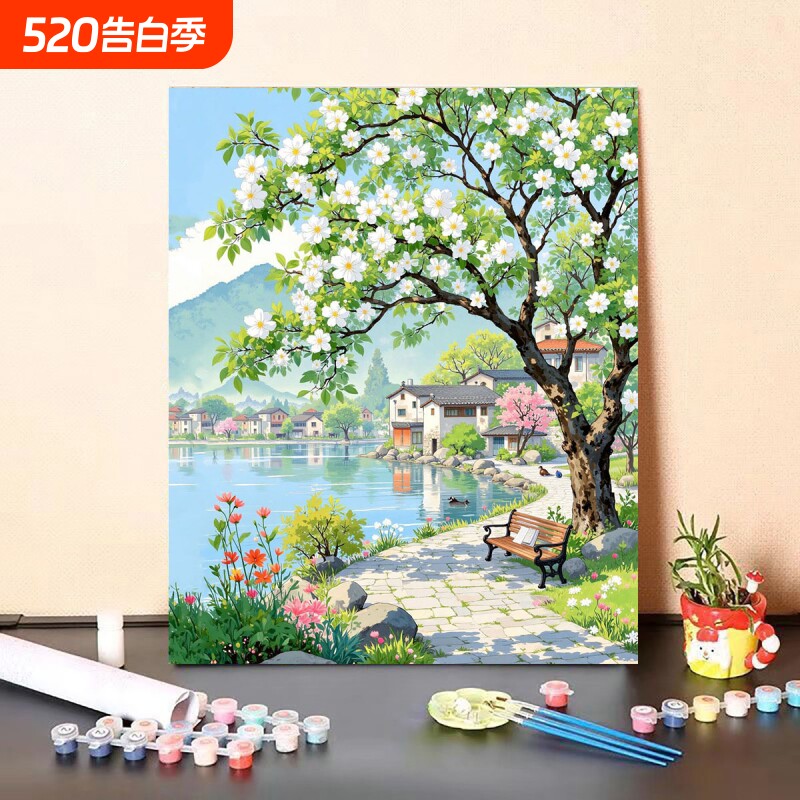 治愈系风景数字油画diy填充填色手工绘国风丙烯油彩画装饰画