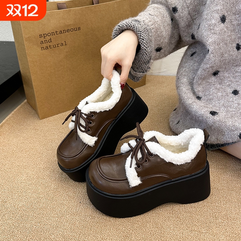 加绒松糕乐福鞋女2025秋冬新款厚底保暖黑色英伦风小皮鞋高跟圆头