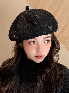 帽子女立秋冬毛呢立体帽型八角帽潮牌三角标时尚百搭店铺装饰逼真