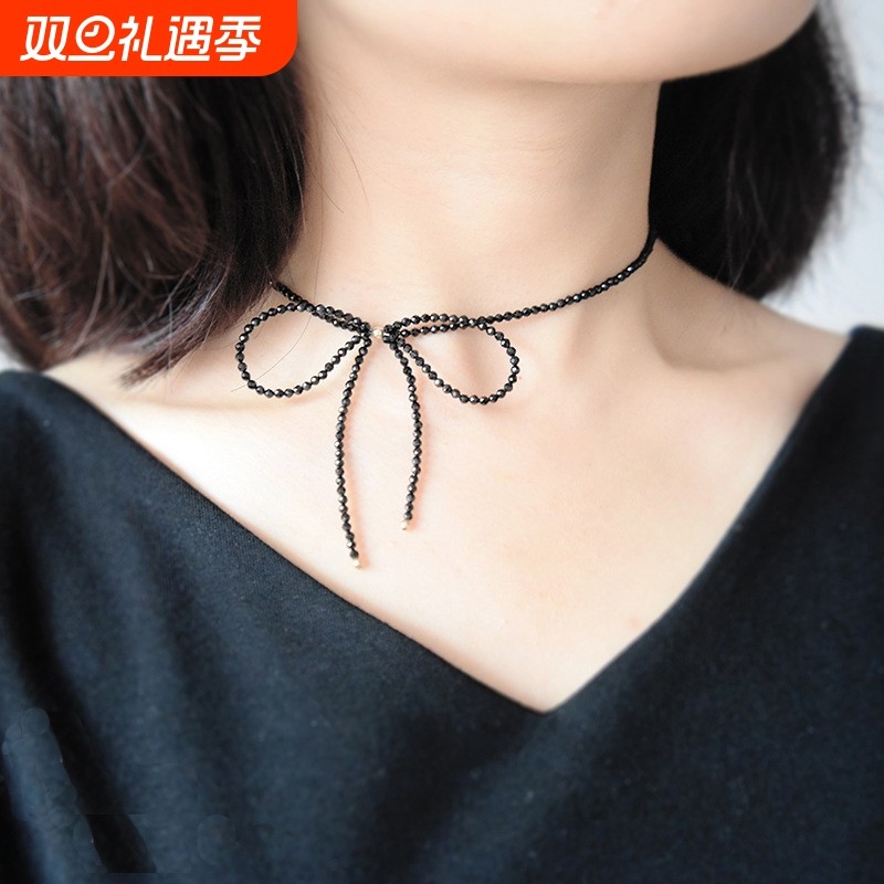 925银 黑色尖晶石choker项链 锁骨链短款颈链 百搭配饰 