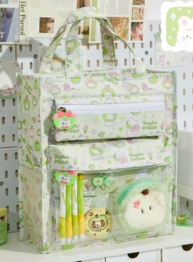 苹果小猫印花补习袋高颜值小学生手提帆布补课包初中生大容量拎书袋2025年新款可爱ins风简约手提袋