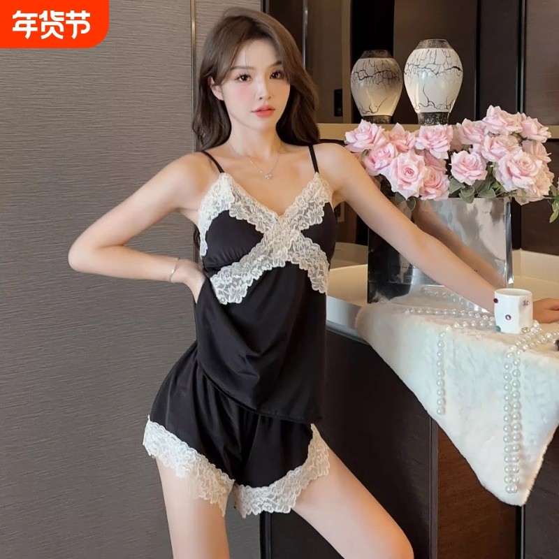 睡衣女夏天薄款吊带睡裙性感冰丝绸私房打底裙子气质背心蕾丝黑色