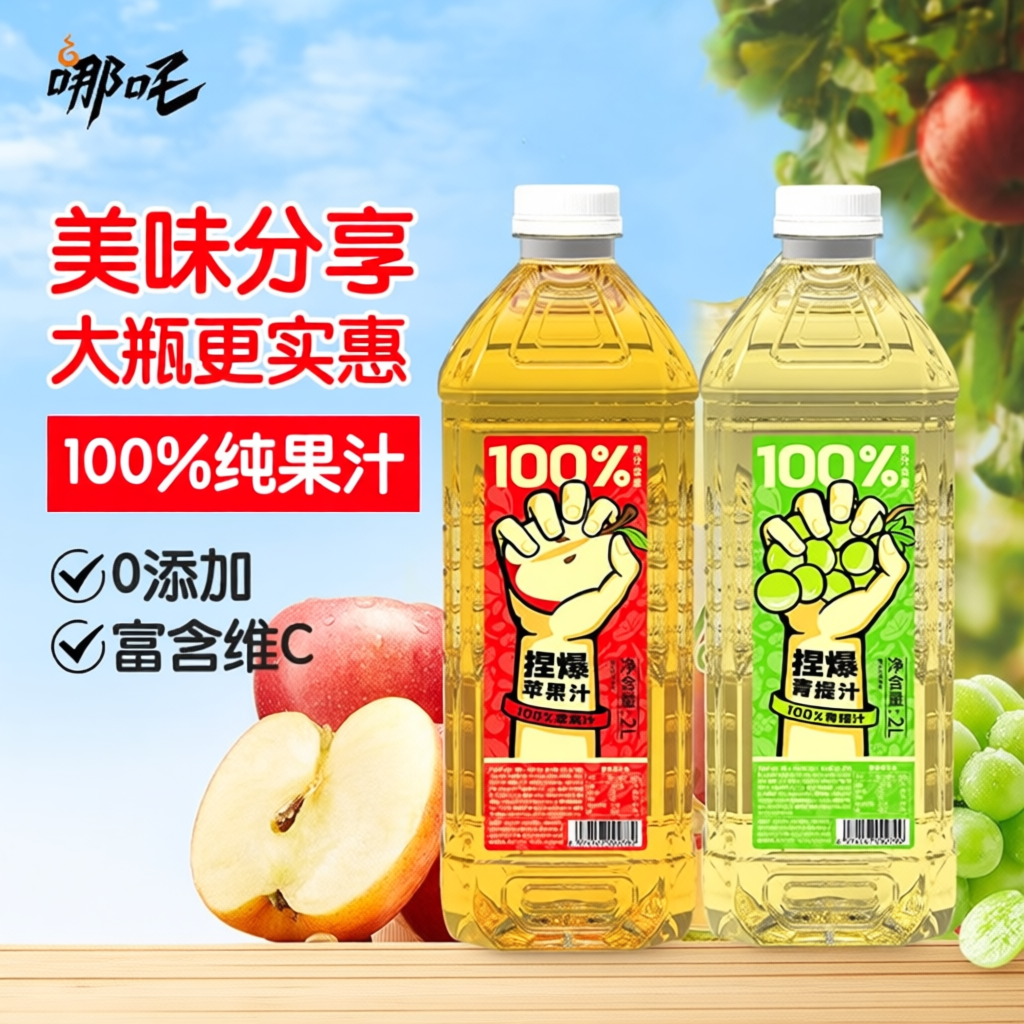 哪吒捏爆100%纯果汁苹果汁2L*2大瓶饮料青提汁小青柠饮品酒席梨汁
