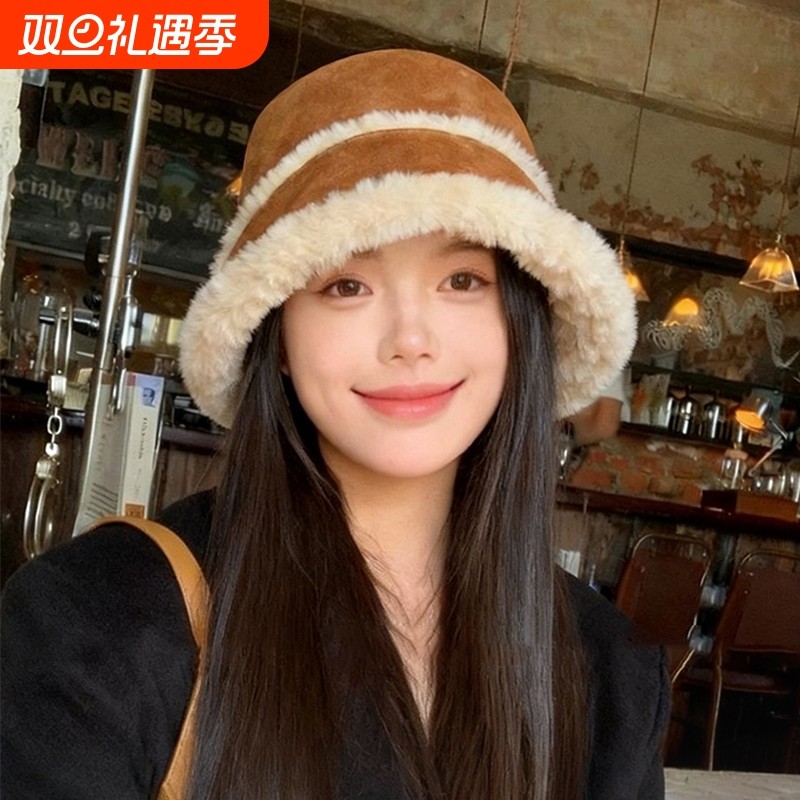 大头围帽子女冬季新款显脸小毛绒盆帽秋冬保暖厚毛茸茸渔夫帽