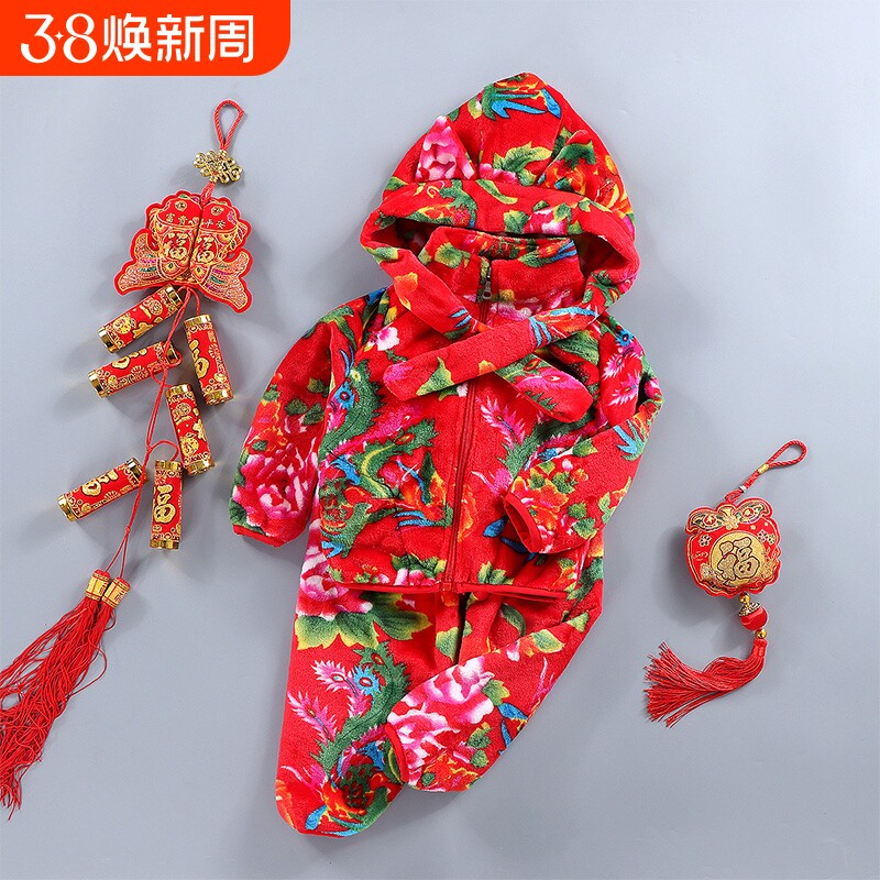 男女童秋冬季东北大花套装男女宝宝中国风东北大花男女童拜年套装
