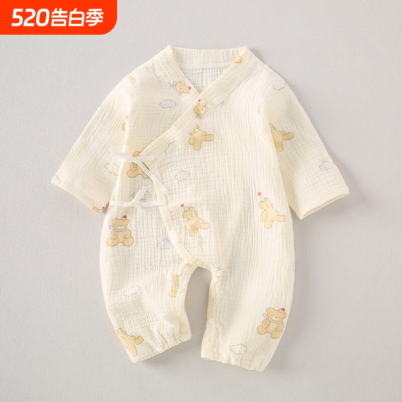 婴儿连体衣长袖和尚服纱布护肚无骨A类新生儿夏季宝宝薄款爬爬服