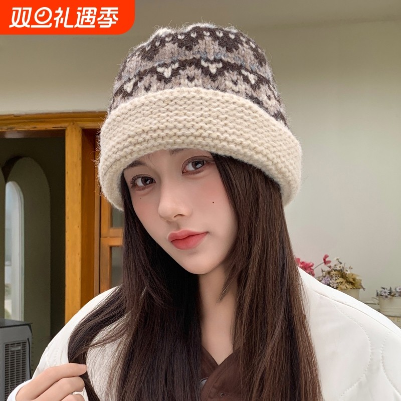 韩版民族风针织帽渔夫帽女秋冬韩版百搭毛线帽日系保暖护耳盆