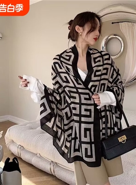 围脖女秋冬高级感冬季气巾两用围巾披春秋棉麻肩老花灰色绿色咖色