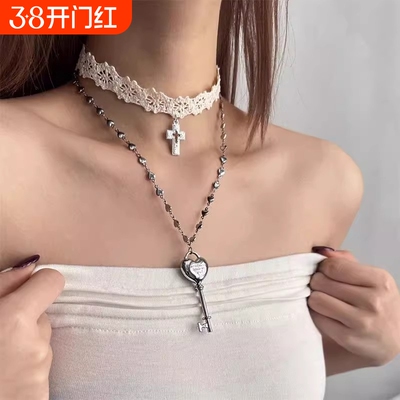 甜酷白色蕾丝十字架绑带choker叠戴爱心钥匙项链女小众设计感颈链