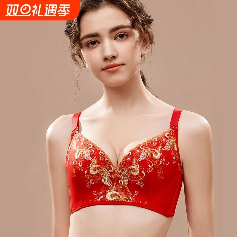 新年红色内衣女小胸聚拢本命年胸罩结婚新娘无钢圈文胸内裤套装