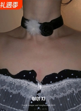 优雅复古气质黑色花朵白色毛绒颈链甜美气质圣诞节小众锁骨链女