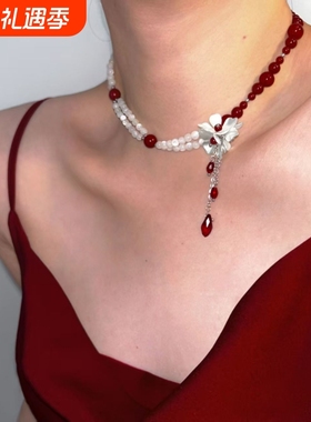2025新款小众高级感choker红色串珠项链安可拉红色时尚锁骨链