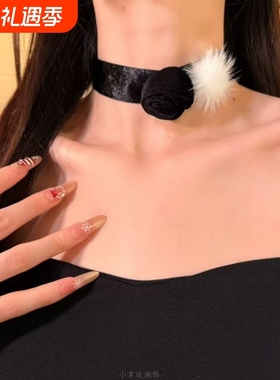 HEY TAO冬季高级感毛球黑色花朵choker项链女2025年新款气质颈链