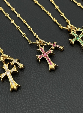 ODEK高级22k金色双十字架项链男女轻奢小众欧美vintage重工气质