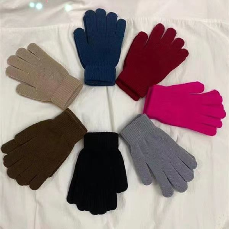 防寒针织手套男女士秋冬季保暖劳保加厚五指红色灰色纯色黑色蓝色