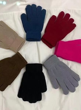 防寒针织手套男女士秋冬季保暖劳保加厚五指红色灰色纯色黑色蓝色