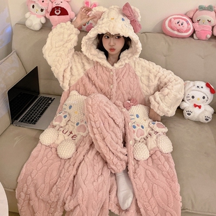 HelloKitty睡衣女款秋冬季珊瑚绒加绒加厚冬天睡袍浴袍家居服甜美