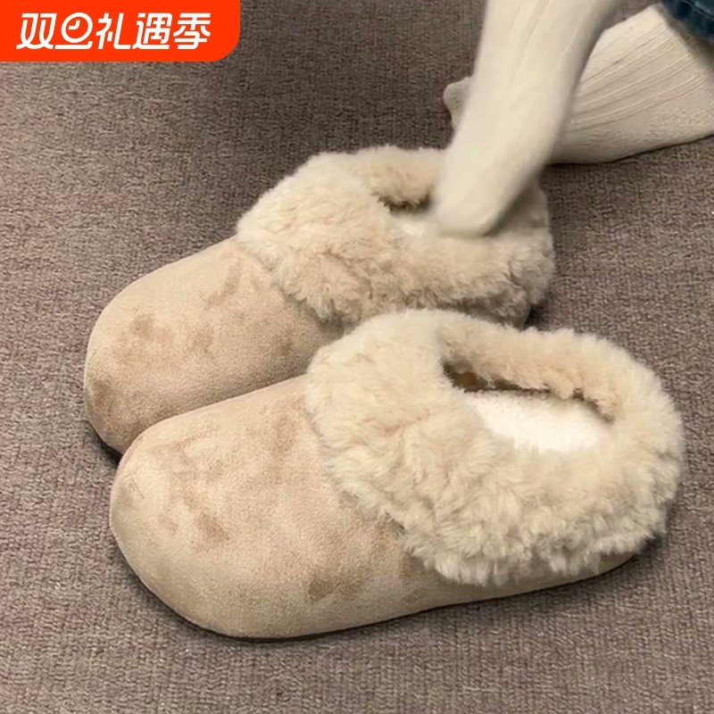 复古厚底加绒勃肯鞋女外穿2025年新款冬季一脚蹬保暖毛毛棉拖鞋子