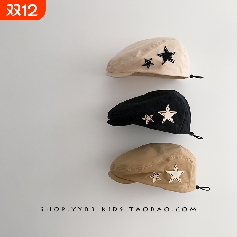 儿童贝雷帽男童春秋款五角星刺绣前进帽女童宝宝鸭黑色可调节
