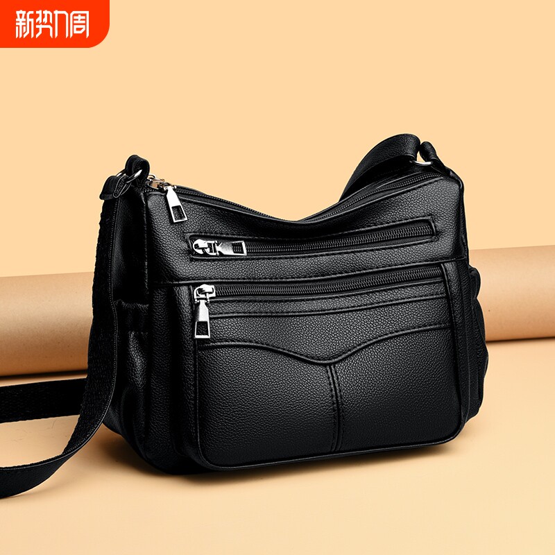 女包2024爆款多层软皮单肩斜挎包大容量中老年妈妈包肩包新款黑色