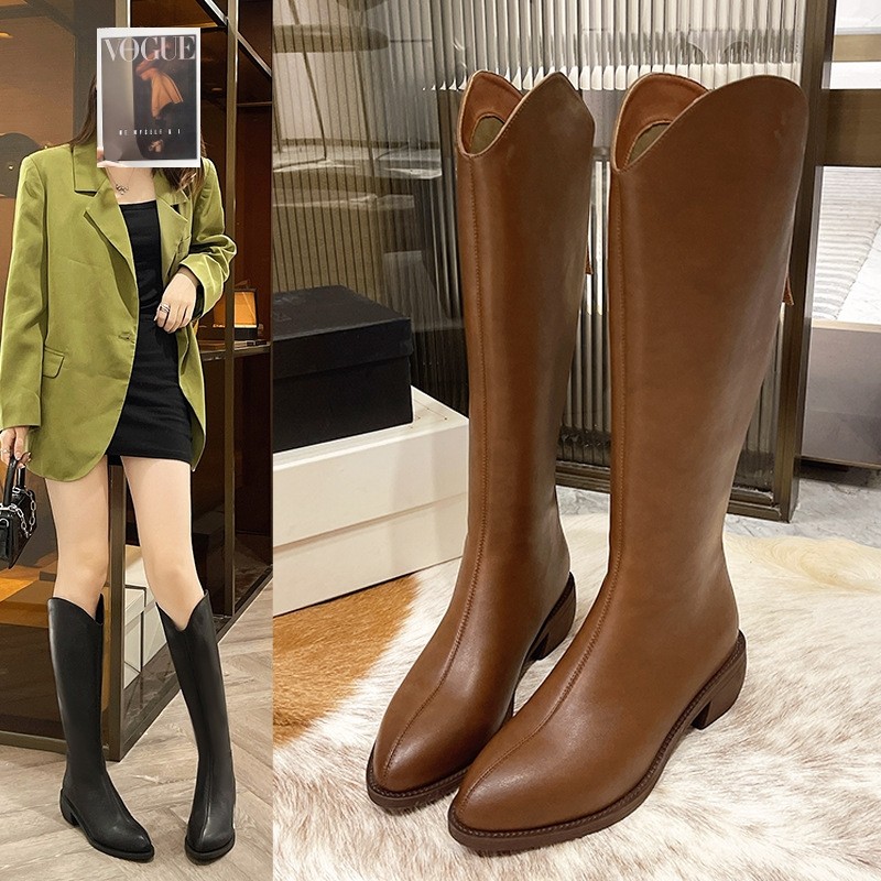 骑士靴女2024秋冬新款尖头高筒马靴西部牛仔靴透气皮靴粗跟中跟