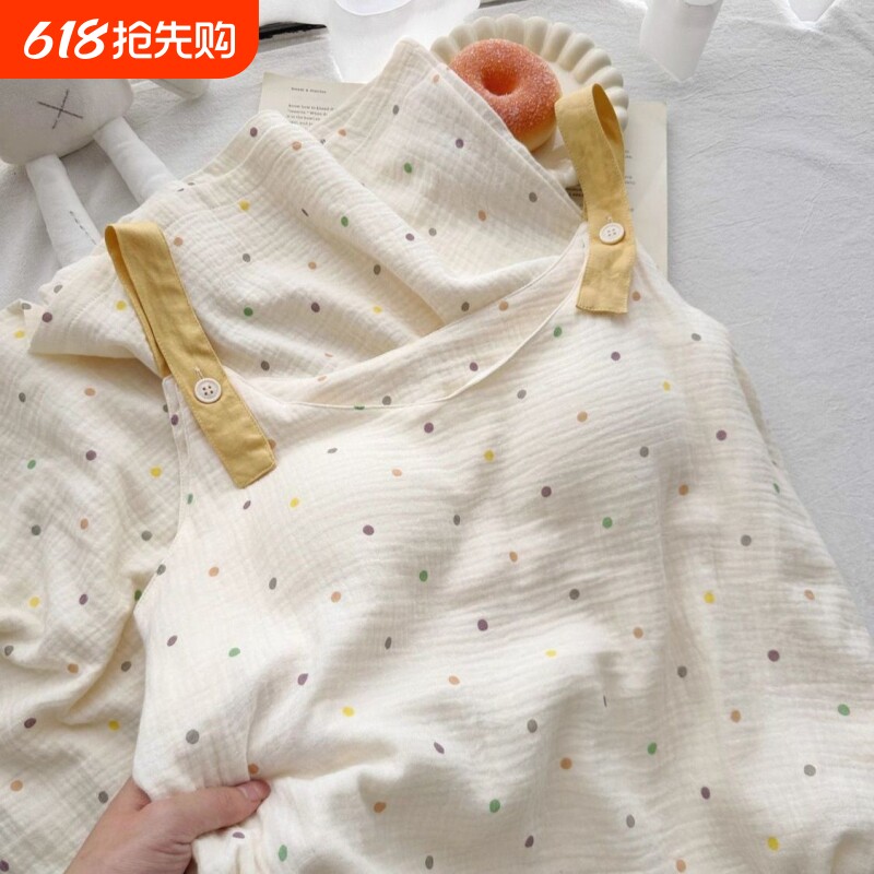 2026新款可外穿自带胸垫彩波点甜美夏季少女长款睡裙家居服连衣裙