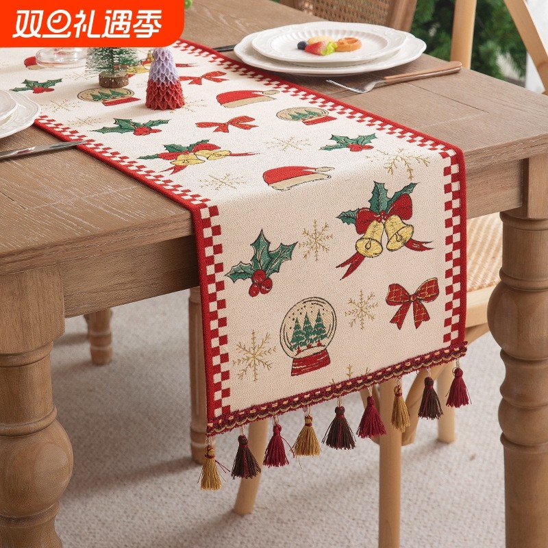 新款圣诞色织提花桌旗 美式复古圣诞餐厅装饰流苏盖巾边柜床尾旗