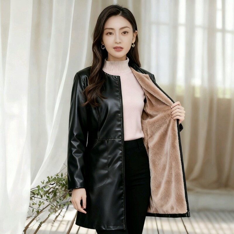 软皮女式罩衣秋冬加绒加厚PU皮中长款外套工作服长袖防水防油围裙