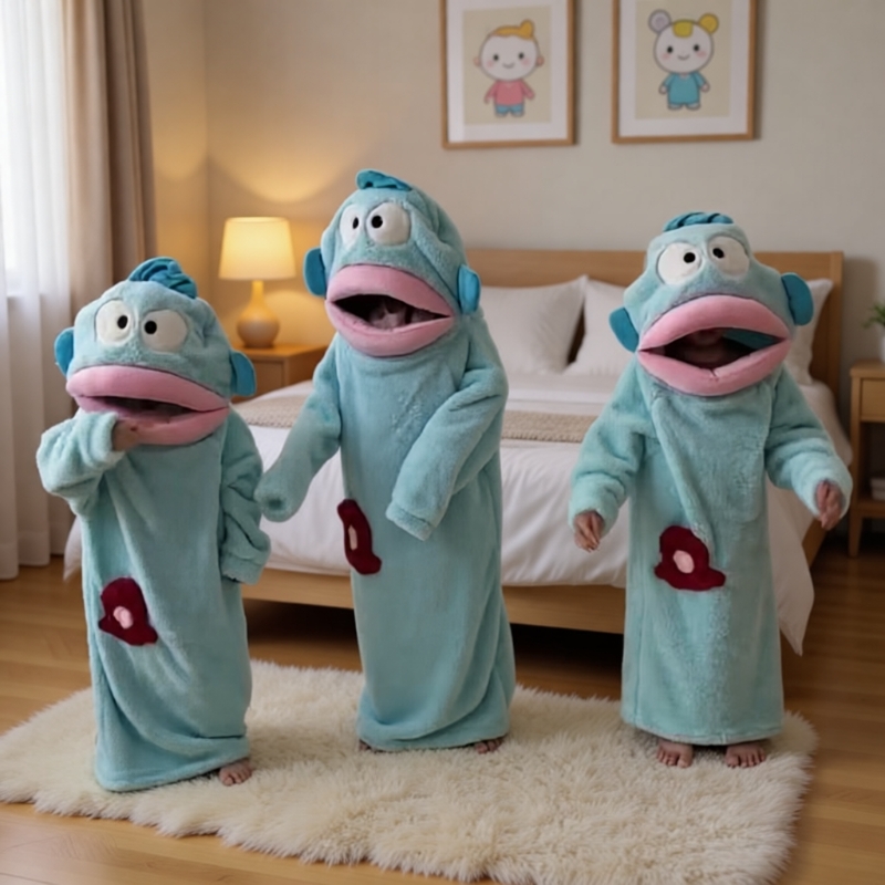 丑鱼图案儿童加厚连体睡衣