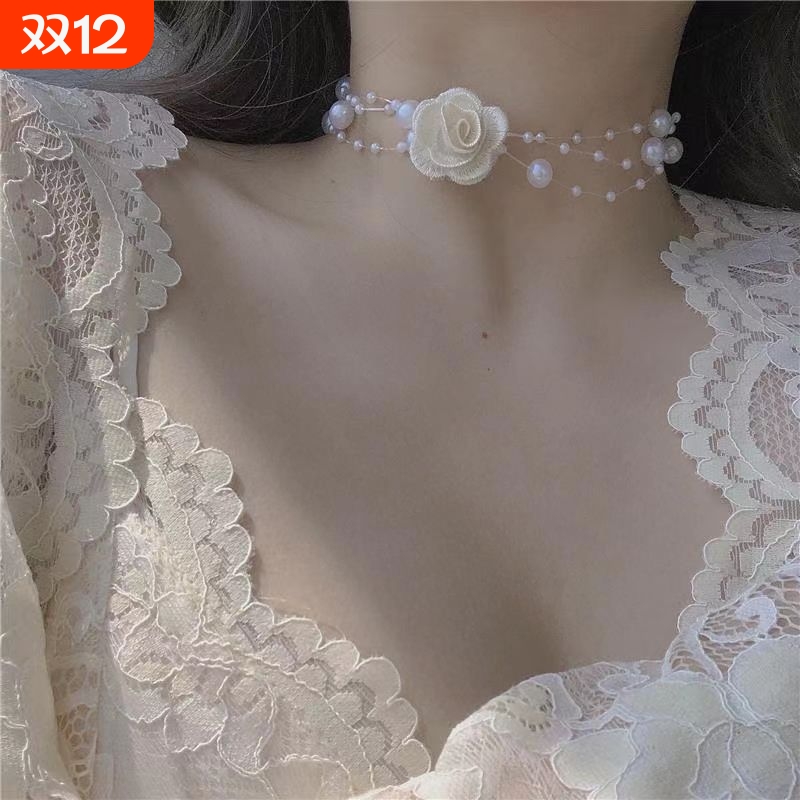 法式温柔玫瑰花绑带项链