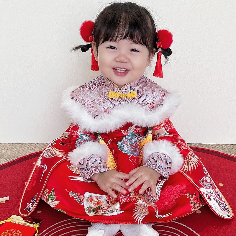周岁礼服女宝宝加绒秋冬中国风满月一岁生日宴会装拜新过年服红色