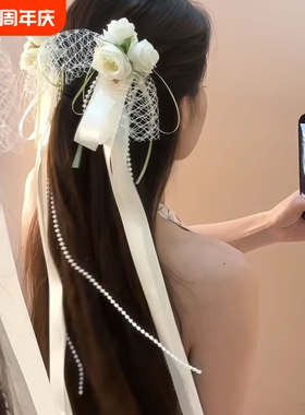 田园花仙绝美白色蕾丝飘带花朵发夹仙女气质边夹氛围感拍照头饰