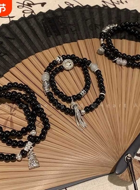 新中式山鬼花钱黑色串珠手女新国风黑曜石手串手饰太极双层