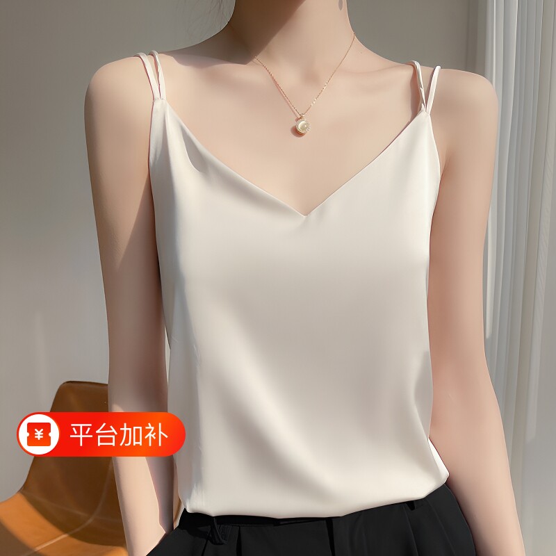 仿真丝吊带背心女内搭打底配西装仿桑蚕丝缎面夏V领白色黑色小衫