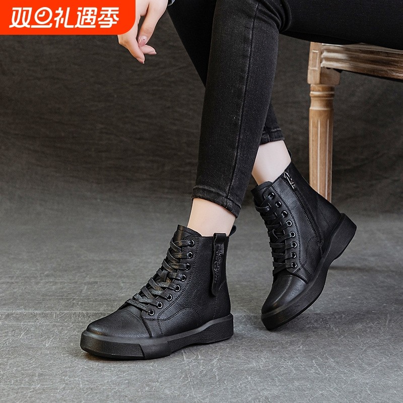 他她女孩2025新款牛皮马丁靴女软皮短靴厚底春秋单靴系带中跟防滑
