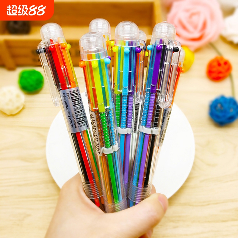 六色圆珠笔多色圆珠笔按压式彩色按动六色笔卡通创意油笔可爱中性笔彩虹原子笔学生标记号做笔记专用油笔