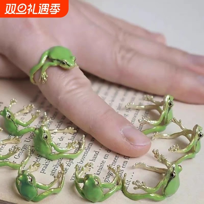 个性绿色搞怪青蛙戒指小众设计可爱欧美风时尚戒指开口可调节指环
