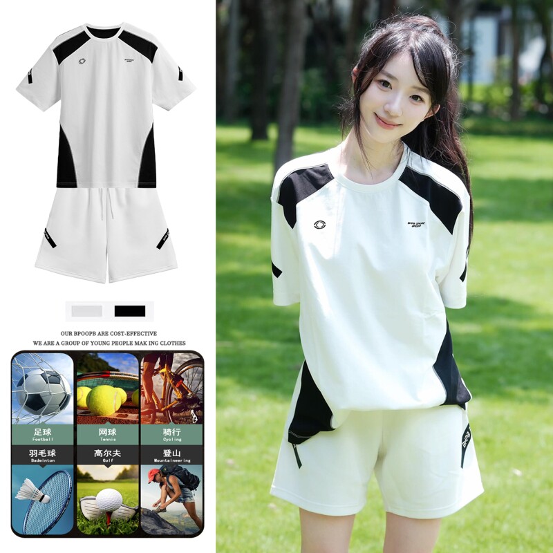黑白拼接羽毛球服男女运动训练足球网球骑行跑步速干透气短袖套装